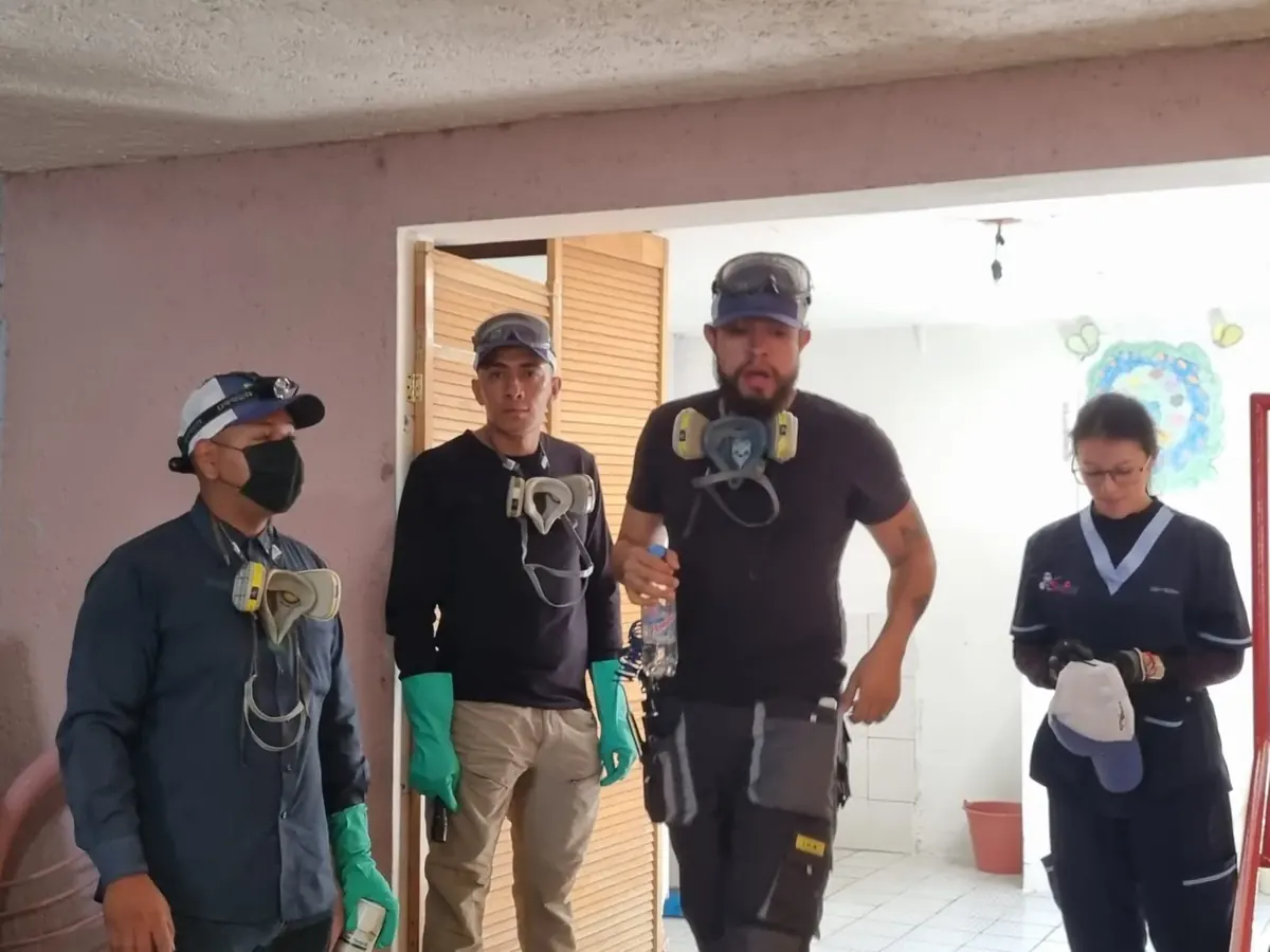 Técnicos de PCD Solutions con mascarillas y equipo de protección durante un servicio de fumigación para empresas en la Ciudad de México